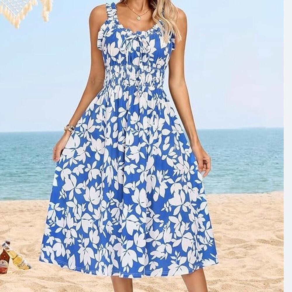 Kate Kasin Floral Sleeveless Midi Dress Blue NEW M